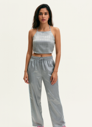 Women’s Silver Satin Crop Top & Wide-Leg Pants Set