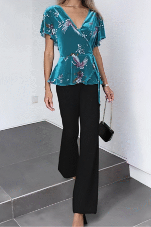 Women’s Teal Floral Wrap Top & Black Flared Pants Set